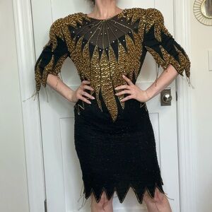 VTG 80’s Heavily Beaded Silk Black and Gold Dress